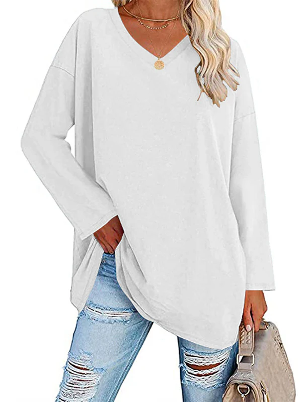 Long Sleeves Loose See-Through Solid Color Split-Joint V-Neck T-Shirts - Image 21