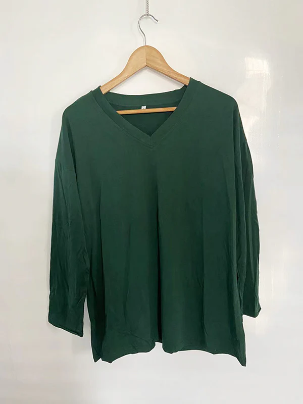 Long Sleeves Loose See-Through Solid Color Split-Joint V-Neck T-Shirts - Image 23