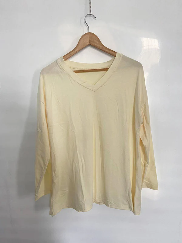 Long Sleeves Loose See-Through Solid Color Split-Joint V-Neck T-Shirts - Image 24