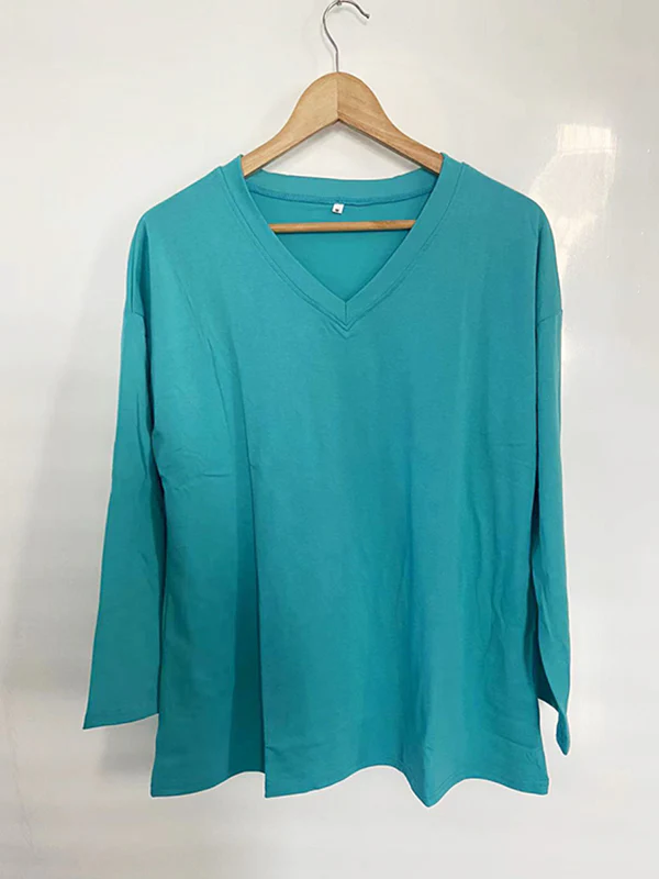 Long Sleeves Loose See-Through Solid Color Split-Joint V-Neck T-Shirts - Image 25