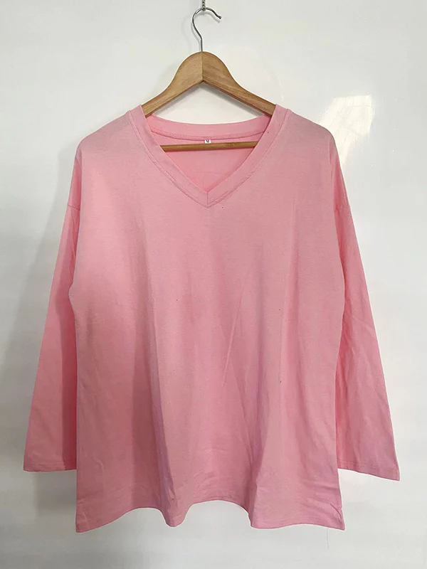 Long Sleeves Loose See-Through Solid Color Split-Joint V-Neck T-Shirts - Image 26