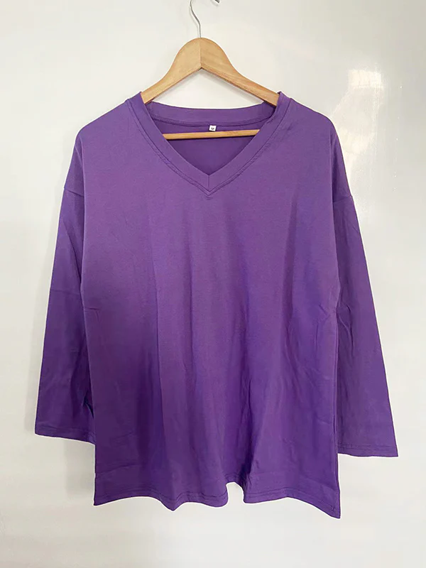 Long Sleeves Loose See-Through Solid Color Split-Joint V-Neck T-Shirts - Image 27