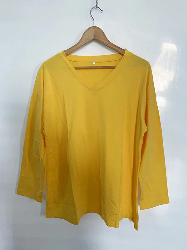 Long Sleeves Loose See-Through Solid Color Split-Joint V-Neck T-Shirts - Image 28