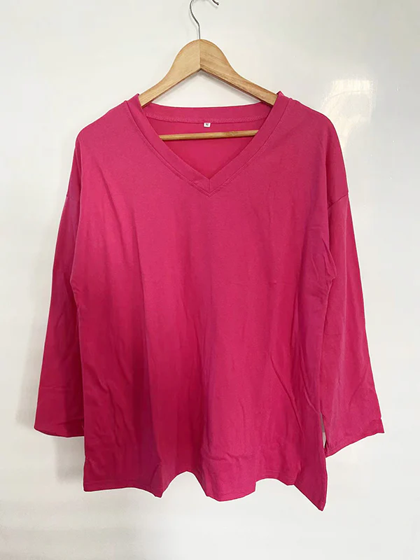 Long Sleeves Loose See-Through Solid Color Split-Joint V-Neck T-Shirts - Image 29