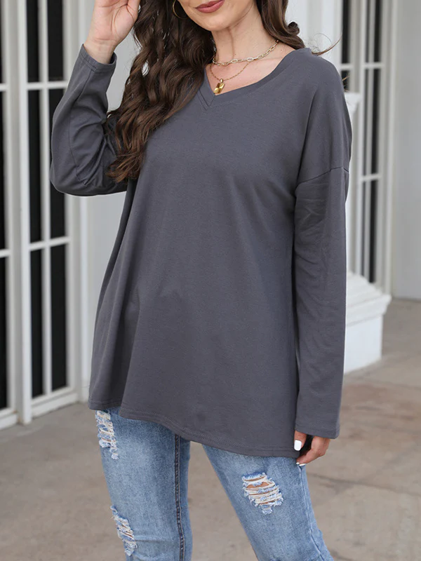 Long Sleeves Loose See-Through Solid Color Split-Joint V-Neck T-Shirts - Image 3