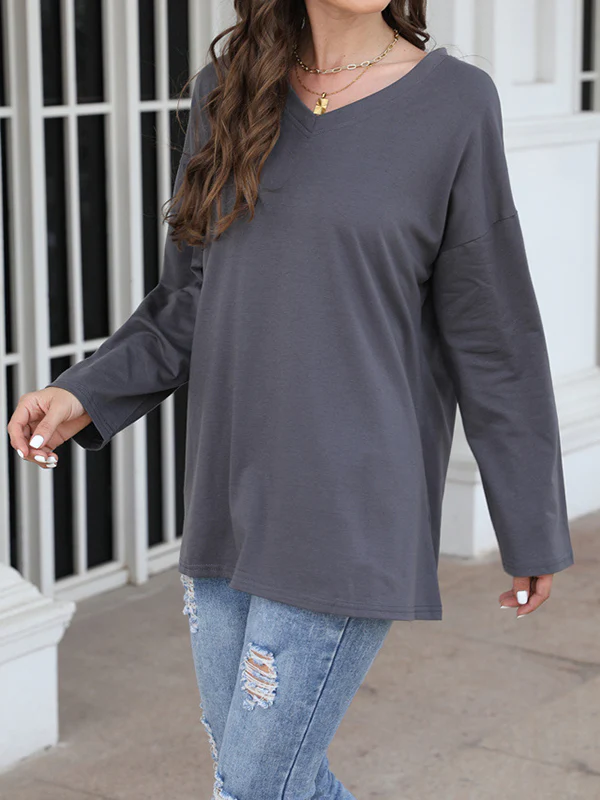 Long Sleeves Loose See-Through Solid Color Split-Joint V-Neck T-Shirts - Image 4