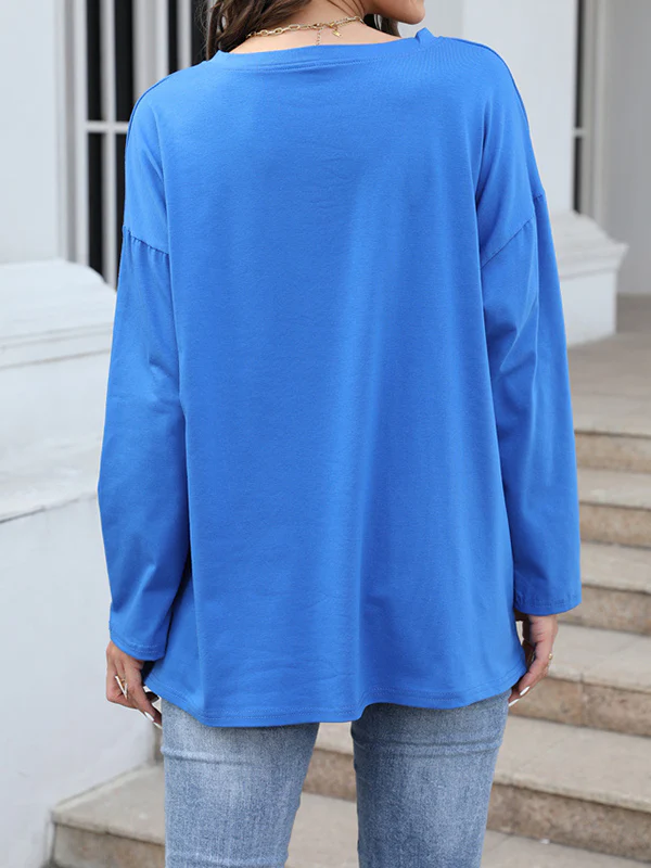 Long Sleeves Loose See-Through Solid Color Split-Joint V-Neck T-Shirts - Image 6