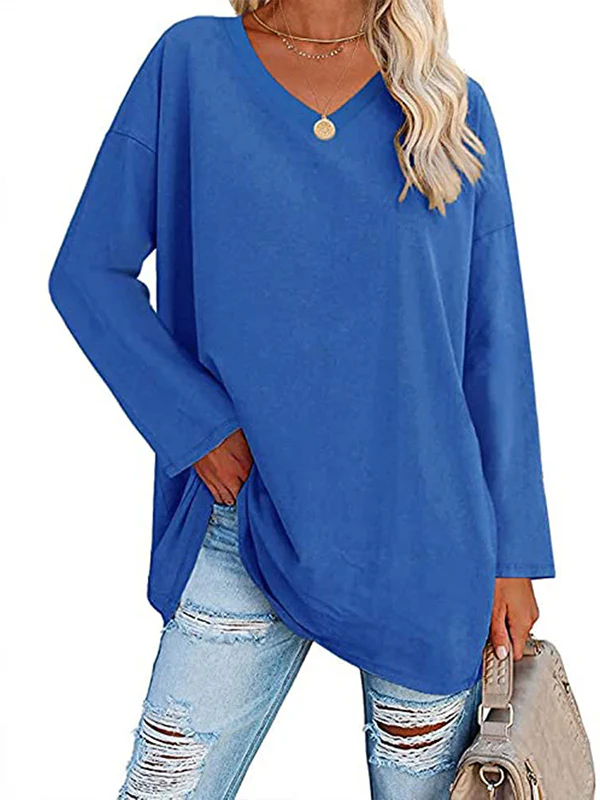 Long Sleeves Loose See-Through Solid Color Split-Joint V-Neck T-Shirts - Image 7
