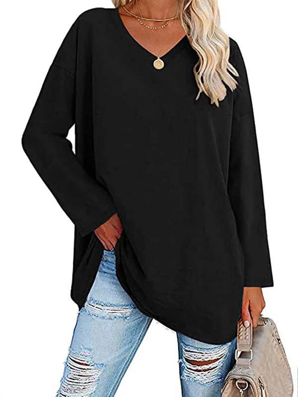 Long Sleeves Loose See-Through Solid Color Split-Joint V-Neck T-Shirts - Image 8