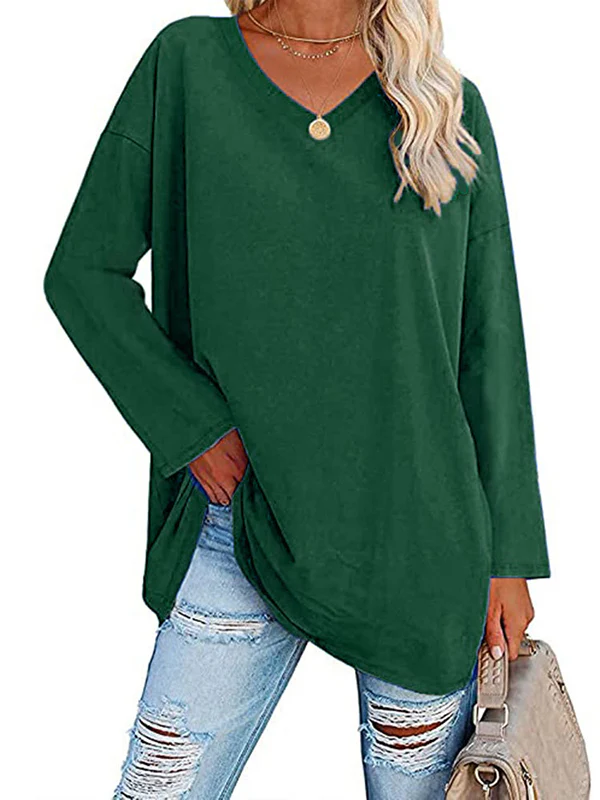 Long Sleeves Loose See-Through Solid Color Split-Joint V-Neck T-Shirts - Image 9