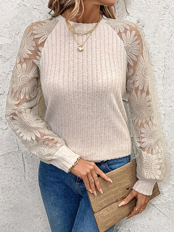 Long Sleeves Loose See-Through Split-Joint Round-Neck T-Shirts Tops - Image 2