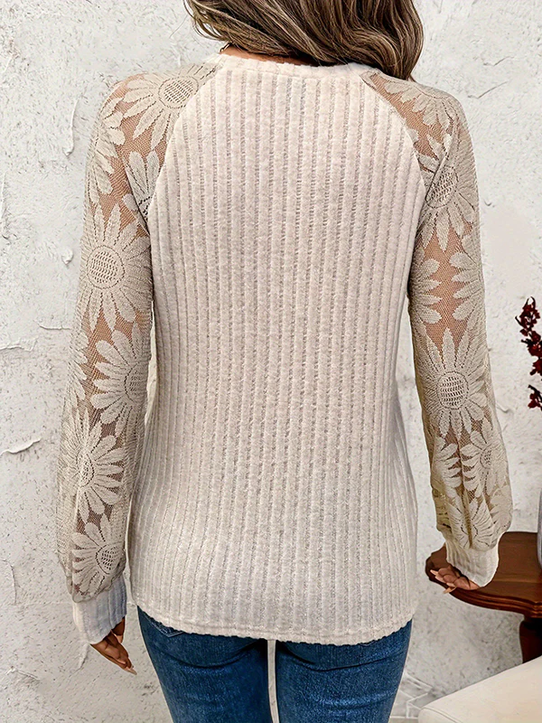 Long Sleeves Loose See-Through Split-Joint Round-Neck T-Shirts Tops - Image 5