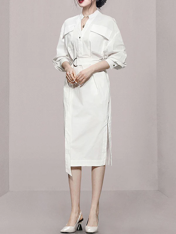 Long Sleeves Loose See-Through Split-Joint Split-Side Tied Waist V-Neck Midi Dresses Shirt Dress - Image 2