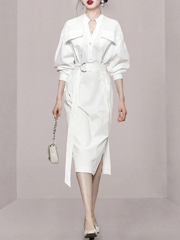Long Sleeves Loose See-Through Split-Joint Split-Side Tied Waist V-Neck Midi Dresses Shirt Dress - Image 3