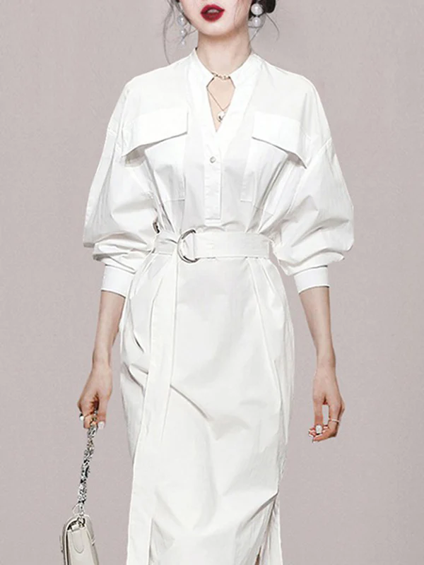 Long Sleeves Loose See-Through Split-Joint Split-Side Tied Waist V-Neck Midi Dresses Shirt Dress - Image 4