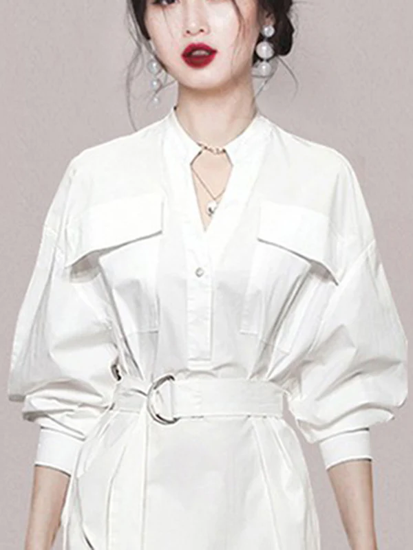 Long Sleeves Loose See-Through Split-Joint Split-Side Tied Waist V-Neck Midi Dresses Shirt Dress - Image 5