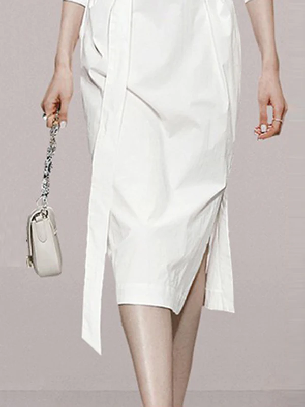 Long Sleeves Loose See-Through Split-Joint Split-Side Tied Waist V-Neck Midi Dresses Shirt Dress - Image 6