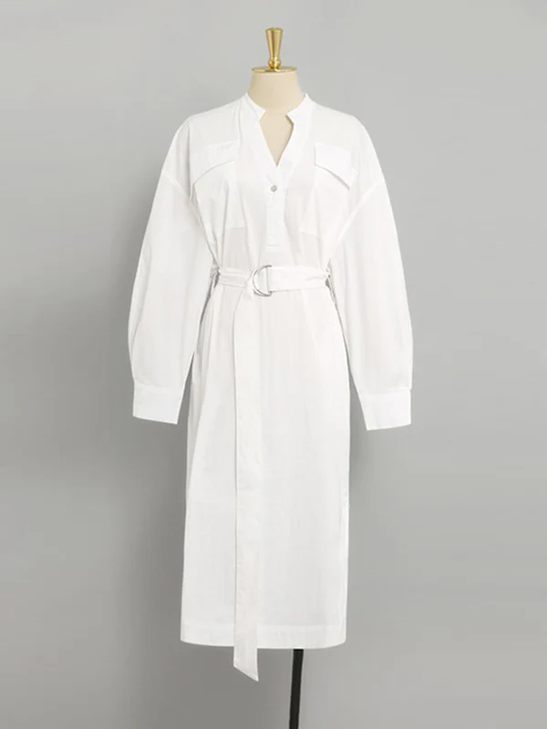 Long Sleeves Loose See-Through Split-Joint Split-Side Tied Waist V-Neck Midi Dresses Shirt Dress - Image 7