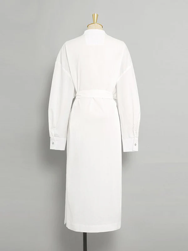 Long Sleeves Loose See-Through Split-Joint Split-Side Tied Waist V-Neck Midi Dresses Shirt Dress - Image 8