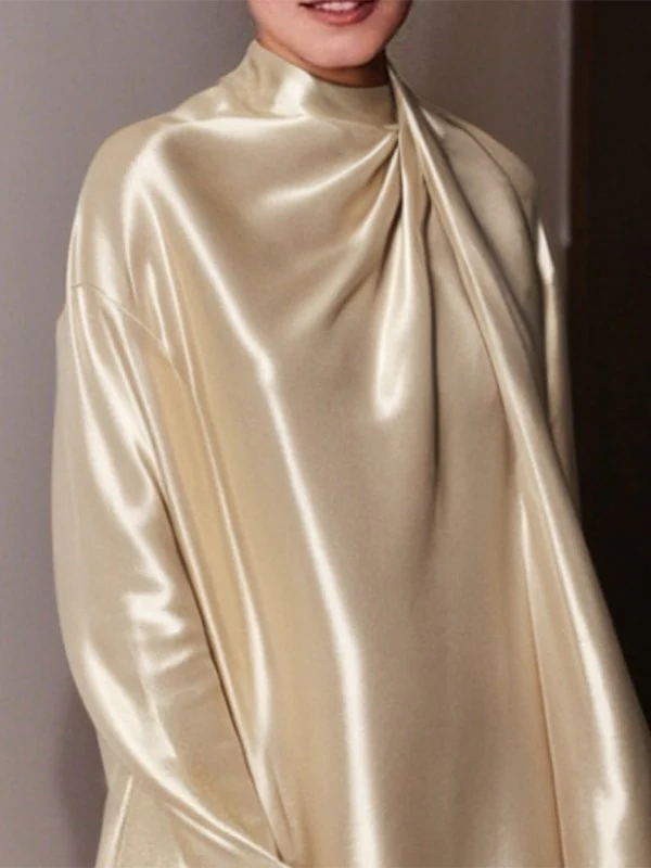 Long Sleeves Loose Shiny Solid Color High Neck Mini Dresses - Image 2