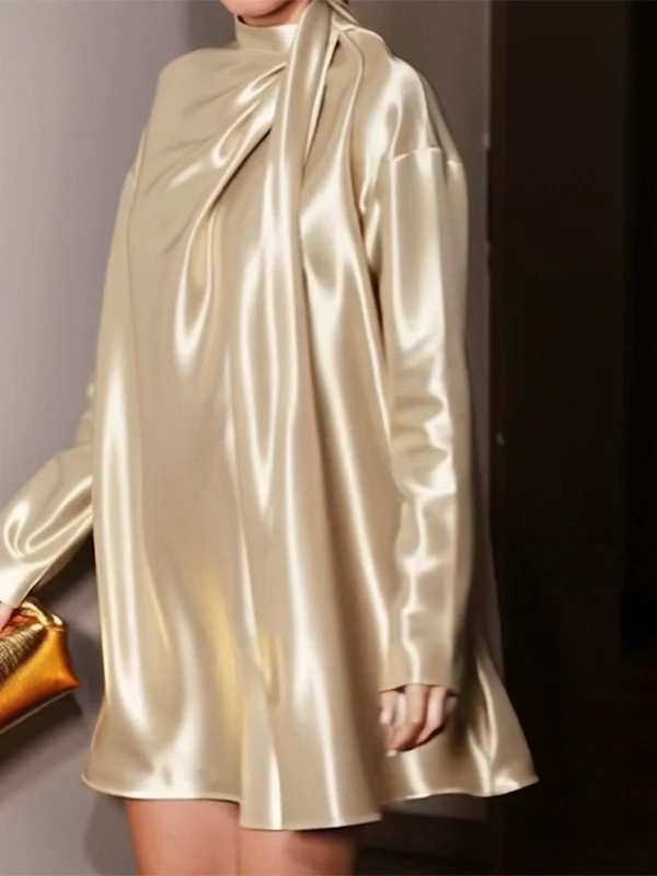 Long Sleeves Loose Shiny Solid Color High Neck Mini Dresses - Image 4