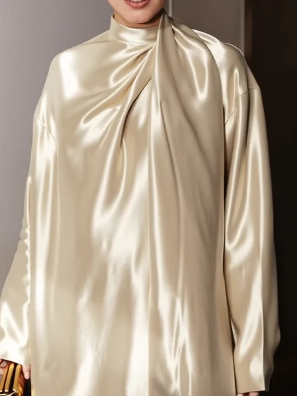 Long Sleeves Loose Shiny Solid Color High Neck Mini Dresses - Image 5