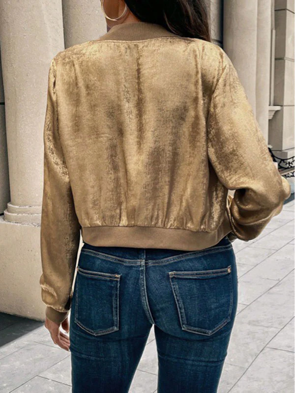Long Sleeves Loose Shiny Split-Joint Zipper Round-Neck Outerwear - Image 4