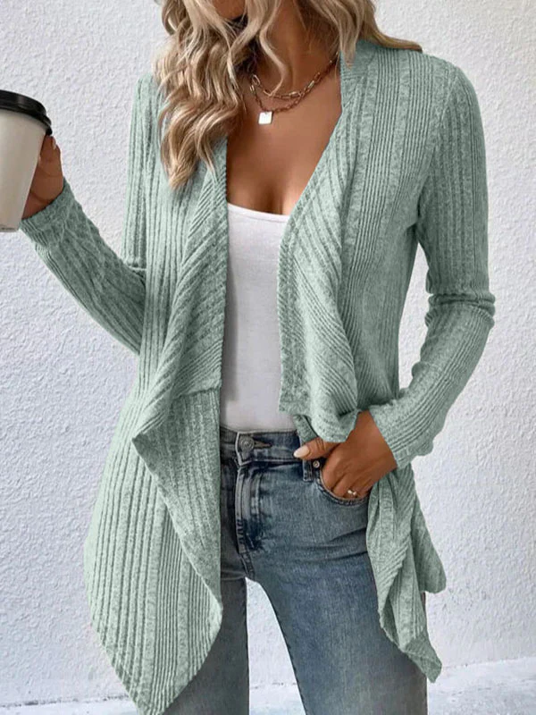 Long Sleeves Loose Solid Color Collarless Cardigan Tops - Image 3