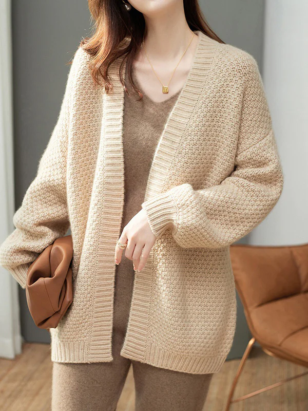Long Sleeves Loose Solid Color Collarless Cardigan Tops - Image 2