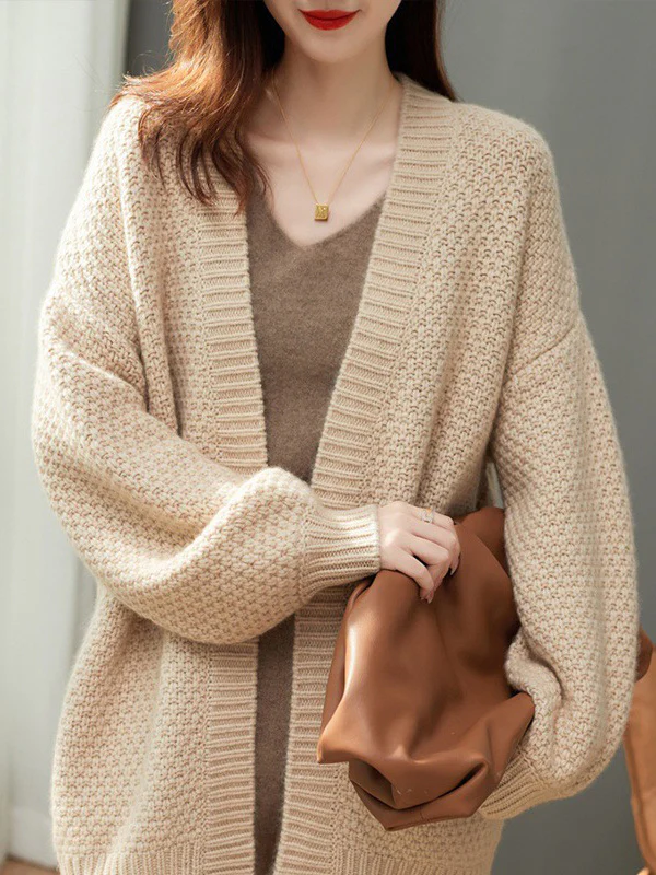 Long Sleeves Loose Solid Color Collarless Cardigan Tops - Image 3