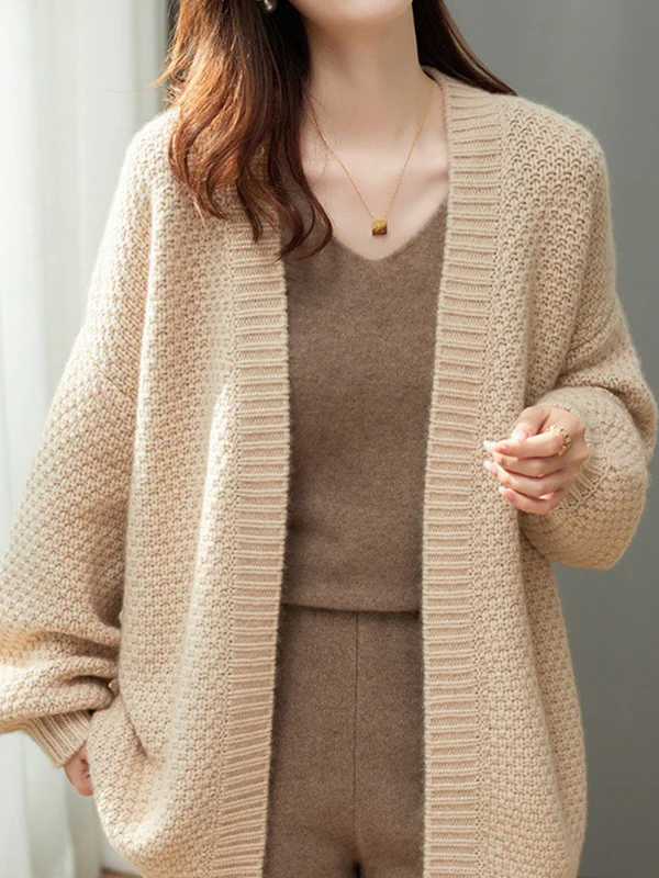 Long Sleeves Loose Solid Color Collarless Cardigan Tops - Image 4