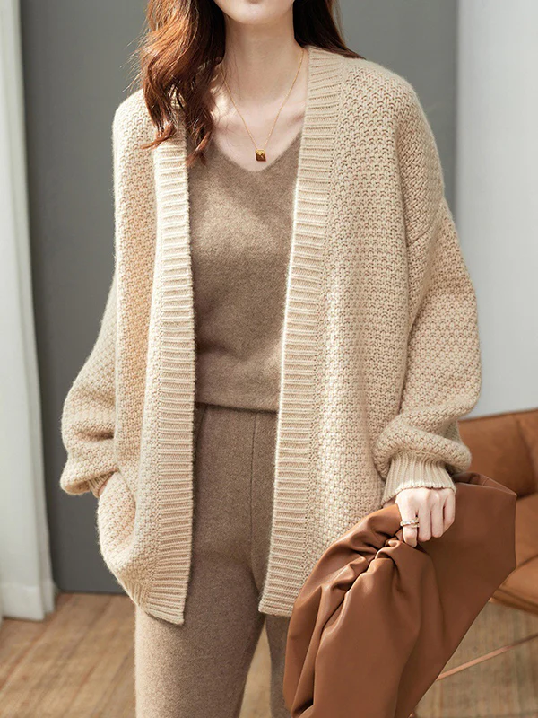 Long Sleeves Loose Solid Color Collarless Cardigan Tops - Image 5