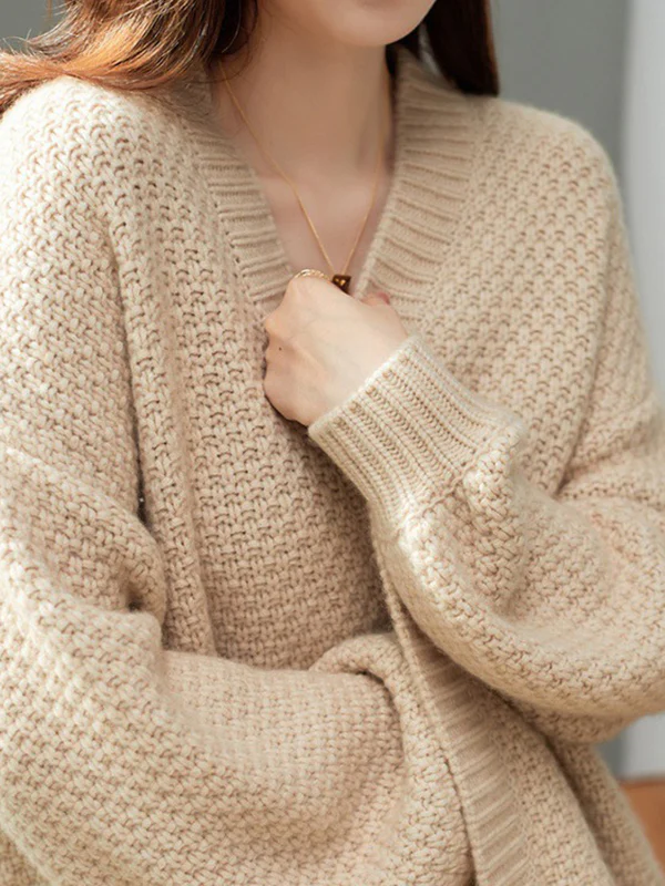 Long Sleeves Loose Solid Color Collarless Cardigan Tops - Image 6