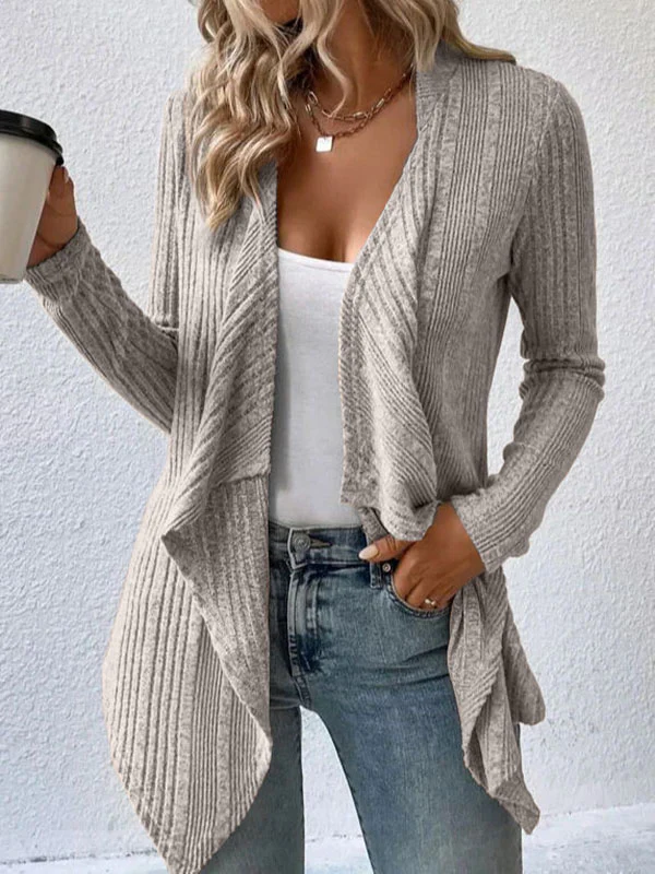 Long Sleeves Loose Solid Color Collarless Cardigan Tops - Image 4