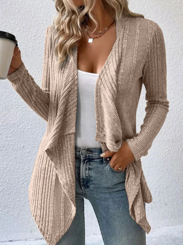 Long Sleeves Loose Solid Color Collarless Cardigan Tops - Image 6