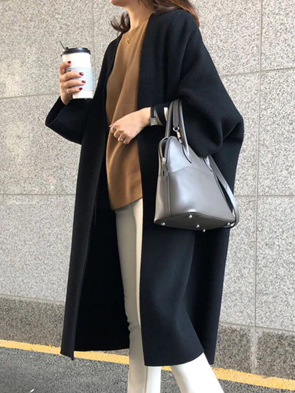 Long Sleeves Loose Solid Color Collarless Woolen Coat - Image 10