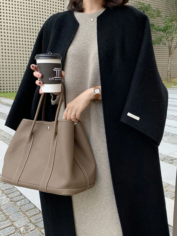 Long Sleeves Loose Solid Color Collarless Woolen Coat - Image 11