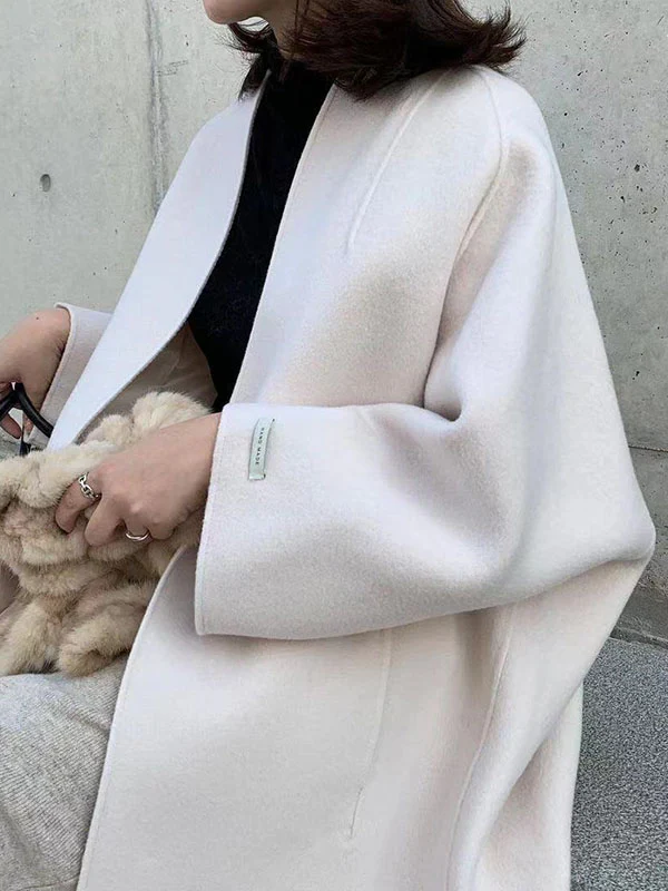 Long Sleeves Loose Solid Color Collarless Woolen Coat - Image 12