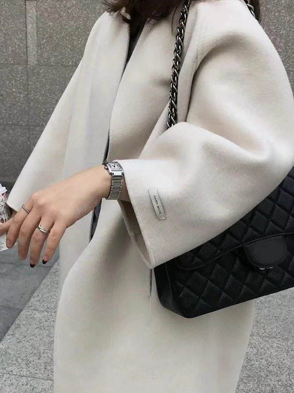 Long Sleeves Loose Solid Color Collarless Woolen Coat - Image 13
