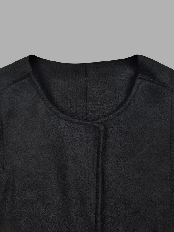 Long Sleeves Loose Solid Color Collarless Woolen Coat - Image 17
