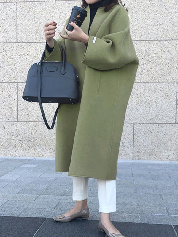 Long Sleeves Loose Solid Color Collarless Woolen Coat - Image 2