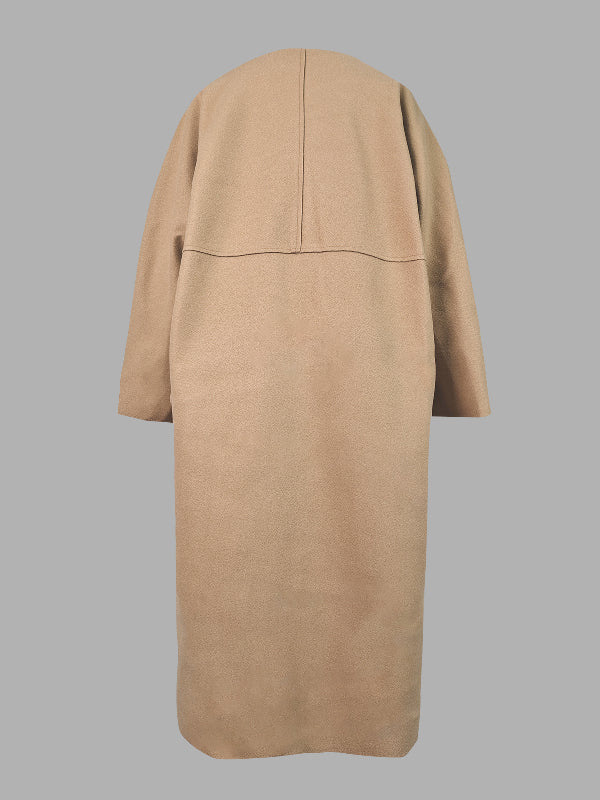 Long Sleeves Loose Solid Color Collarless Woolen Coat - Image 22