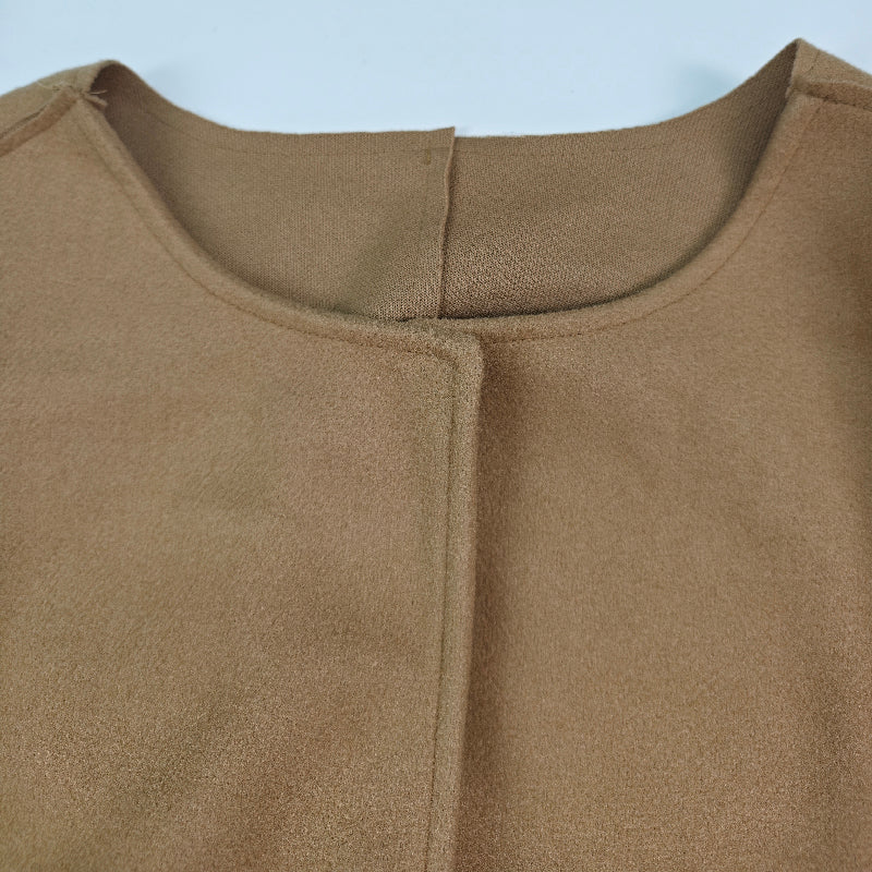 Long Sleeves Loose Solid Color Collarless Woolen Coat - Image 23