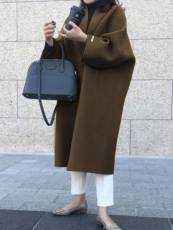 Long Sleeves Loose Solid Color Collarless Woolen Coat - Image 3