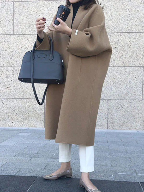 Long Sleeves Loose Solid Color Collarless Woolen Coat - Image 4