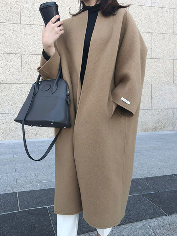 Long Sleeves Loose Solid Color Collarless Woolen Coat - Image 5