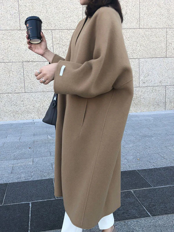 Long Sleeves Loose Solid Color Collarless Woolen Coat - Image 6