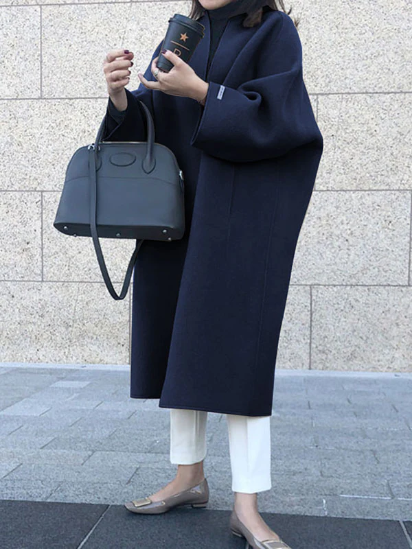 Long Sleeves Loose Solid Color Collarless Woolen Coat - Image 7