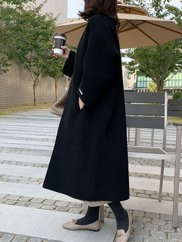 Long Sleeves Loose Solid Color Collarless Woolen Coat - Image 8