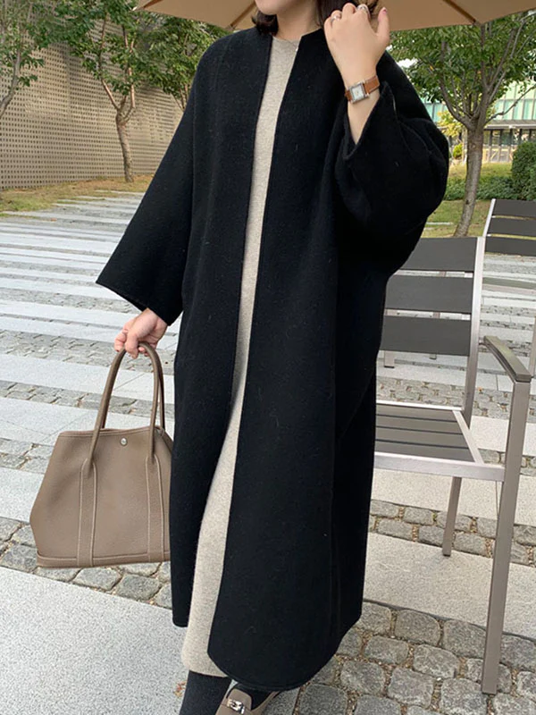 Long Sleeves Loose Solid Color Collarless Woolen Coat - Image 9